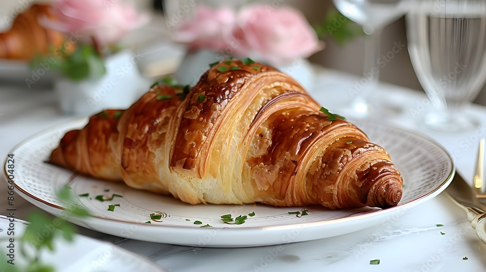 Croissant close-up on plate, table setting Croissant close-up on plate, table setting