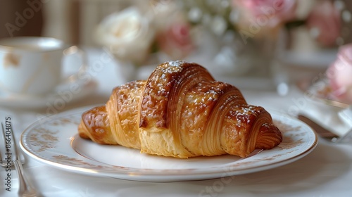 Croissant close-up on plate, table setting