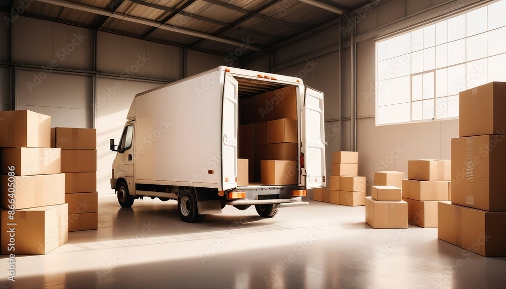 A commercial delivery van or box truck, its rear doors open, surrounded by a variety of empty cardboard boxes, inside the warehouse with white glossy floor
A commercial delivery van or box truck, its rear doors open, surrounded by a variety of empty cardboard boxes, inside the warehouse with white glossy floor