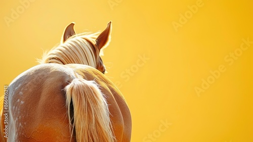 Brown horse viewed from behind against yellow background photo