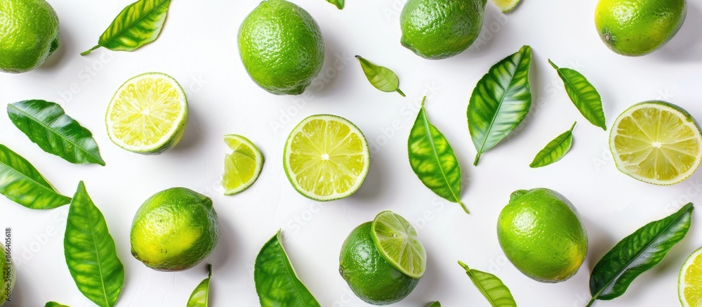 Lime fruits with fresh green leaves, sliced in half, set against a white background - top view, flat lay. Lime fruits with fresh green leaves, sliced in half, set against a white background - top view, flat lay.