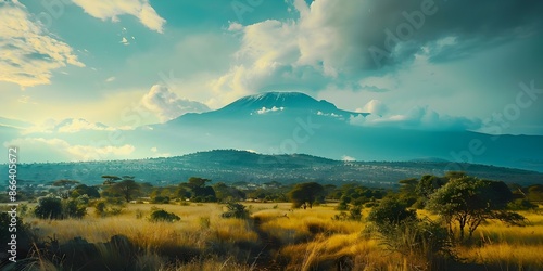 Scenic view of Kilimanjaro in Tanzanias National Park Safari landscape. Concept Scenic Views, Kilimanjaro, Tanzania, National Park, Safari Landscape