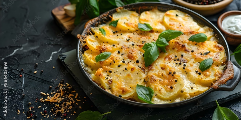 Scalloped potatoes with cheese on dark background centered professional photo copy space selective focus. Concept Food Photography, Scalloped Potatoes, Cheese, Dark Background, Selective Focus
