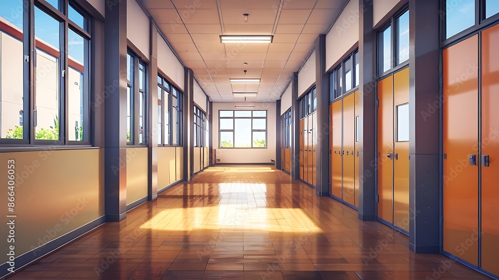 Empty school hallway with windows and doors, interior design of school corridor with wooden floor, concept of education, learning, youth and future. Empty school hallway with windows and doors, interior design of school corridor with wooden floor, concept of education, learning, youth and future.