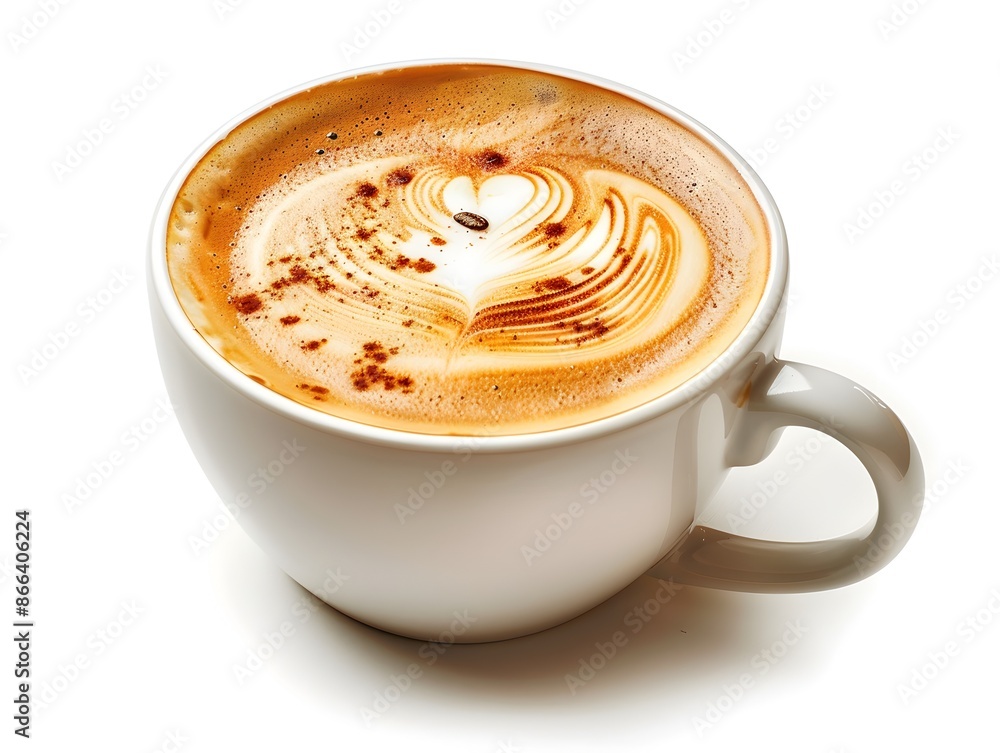 Cozy and Inviting Heart Shaped Cappuccino on a White Background Cozy and Inviting Heart Shaped Cappuccino on a White Background