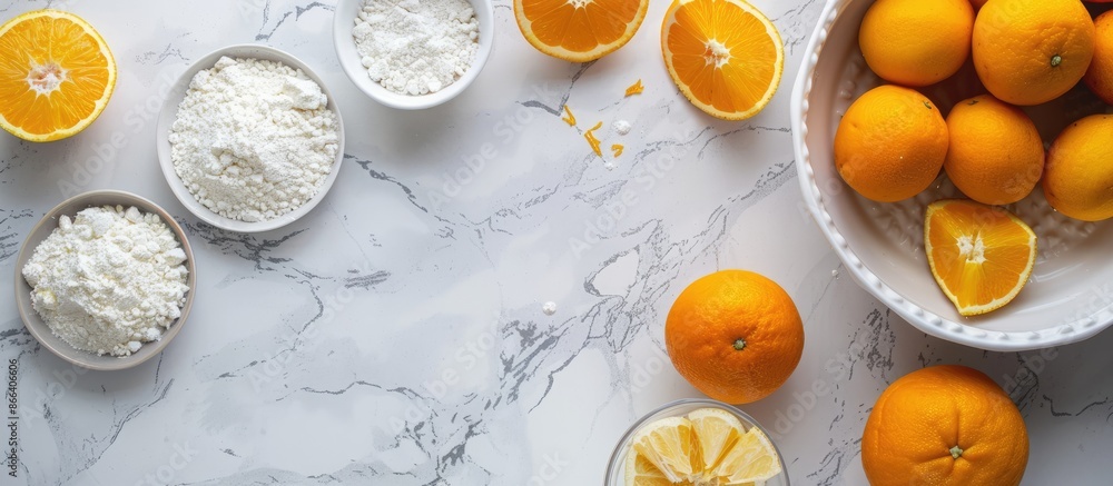 Ingredients for orange madeira cake on a white marble countertop with empty space for text. Ingredients for orange madeira cake on a white marble countertop with empty space for text.