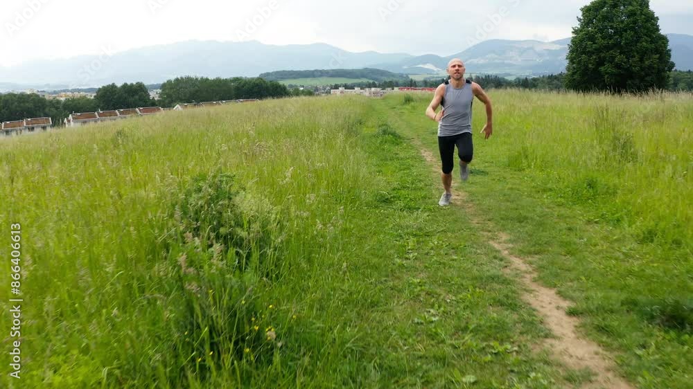 Fast running bald man on grassy trail in lush green field captured from flying drone perspective. Runner is dressed in athletic gear, showcasing active lifestyle in serene natural setting 4K video Fast running bald man on grassy trail in lush green field captured from flying drone perspective. Runner is dressed in athletic gear, showcasing active lifestyle in serene natural setting 4K video