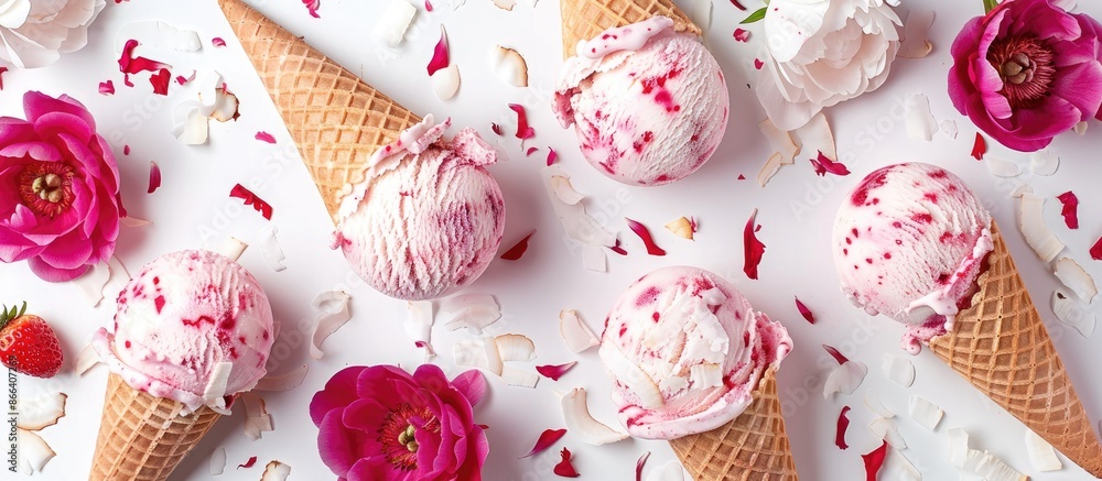 Top view of strawberry and coconut ice cream scoops, cones, and peony flowers on white background. Concept of summer treat Top view of strawberry and coconut ice cream scoops, cones, and peony flowers on white background. Concept of summer treat