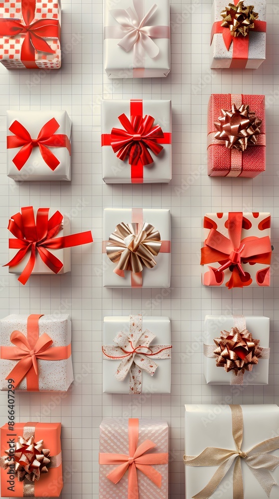 A collection of beautifully wrapped gifts with various red and white ribbons, perfect for holiday celebrations and special occasions. A collection of beautifully wrapped gifts with various red and white ribbons, perfect for holiday celebrations and special occasions.