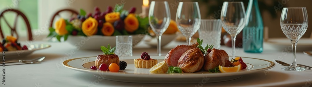 A vibrant photograph of an elegantly set dining table with gourmet dishes beautifully arranged, exuding luxury and sophistication. A vibrant photograph of an elegantly set dining table with gourmet dishes beautifully arranged, exuding luxury and sophistication.