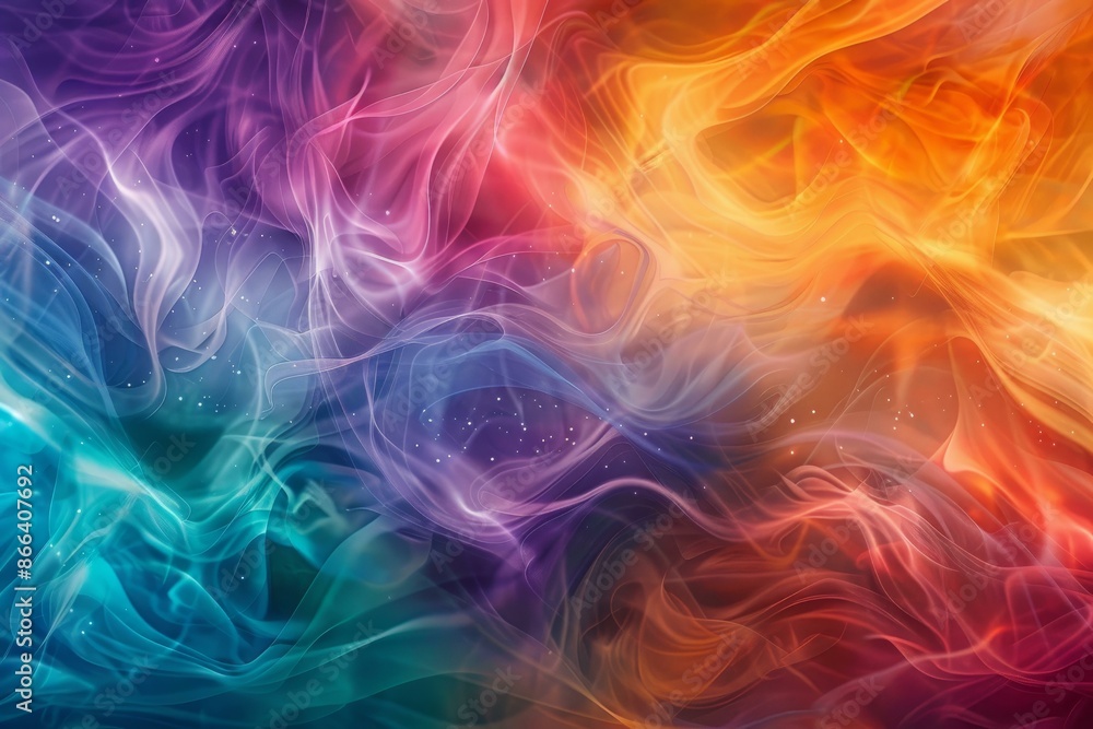Vibrant, flowing waves of multicolored smoke with glittering particles on a dark background Vibrant, flowing waves of multicolored smoke with glittering particles on a dark background