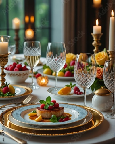 A vibrant photograph of an elegantly set dining table with gourmet dishes beautifully arranged, exuding luxury and sophistication.