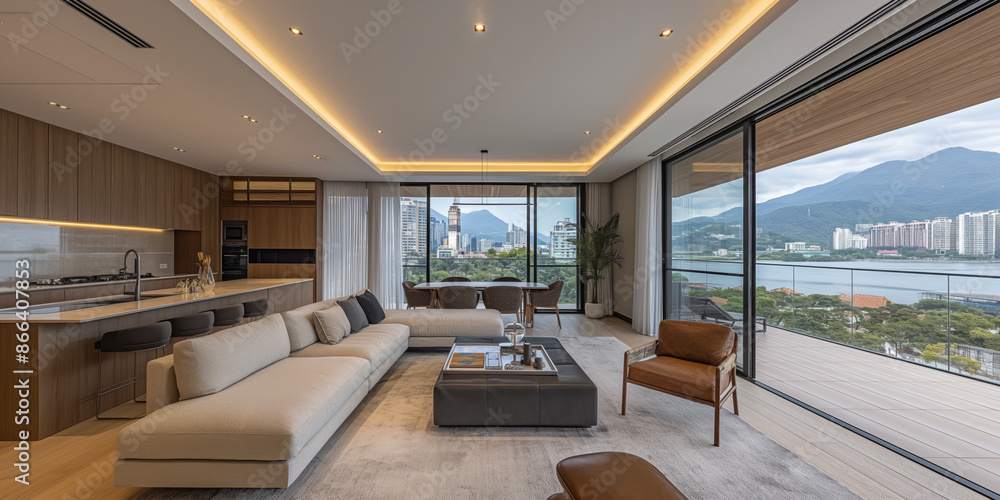Fototapeta premium Modern open-plan living area with panoramic city and mountain views, featuring a sleek kitchen, cozy seating, and floor-to-ceiling windows offering abundant natural light