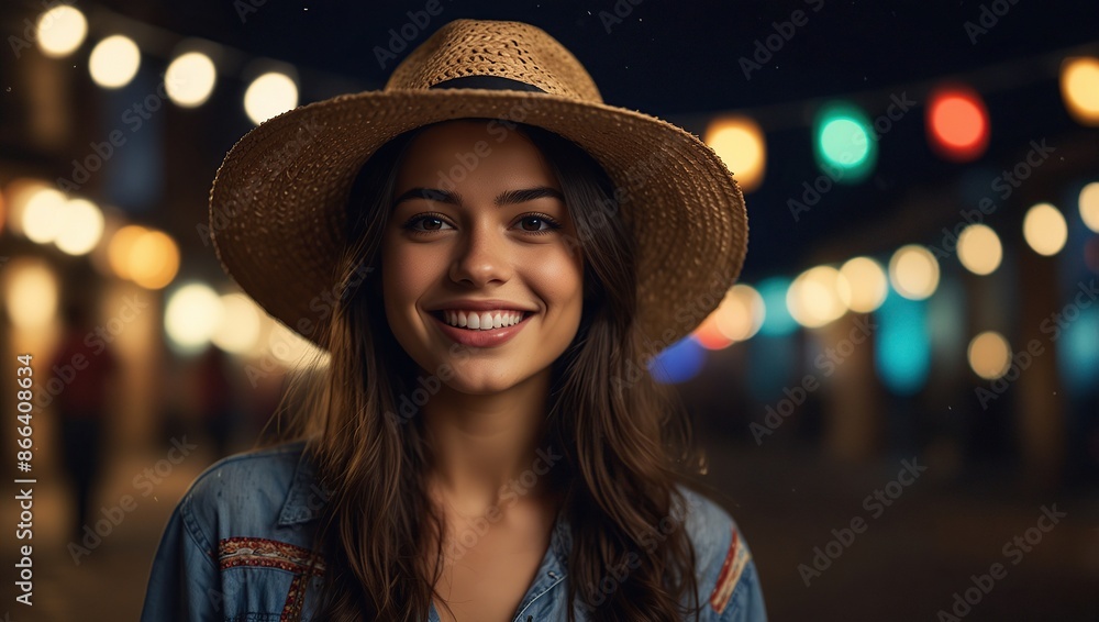 Beautiful young girl. Smiling Latin woman with dark hair Straw hat. Blurred street background at night, bunting flags, bokeh lights Beautiful young girl. Smiling Latin woman with dark hair Straw hat. Blurred street background at night, bunting flags, bokeh lights