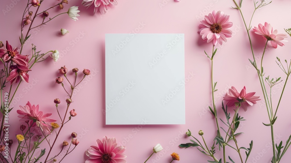 Blank white card mockup with pink flowers on pink background. Greeting card, invitation, or announcement template for wedding, birthday, mother's day, or other special event. Blank white card mockup with pink flowers on pink background. Greeting card, invitation, or announcement template for wedding, birthday, mother's day, or other special event.