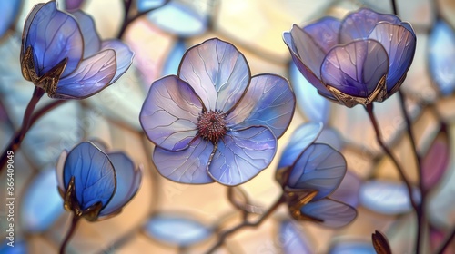 Closeup of delicate purple flowers with stained glass effect.  Concept of spring, nature, beauty and art.