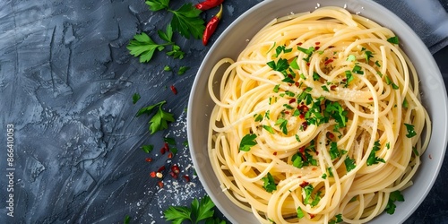 Tasty Italian spaghetti aglio olio with parsley and chili flakes garnish. Concept Italian Cuisine, Spaghetti Aglio Olio, Chili Flakes, Parsley Garnish, Tasty Dish