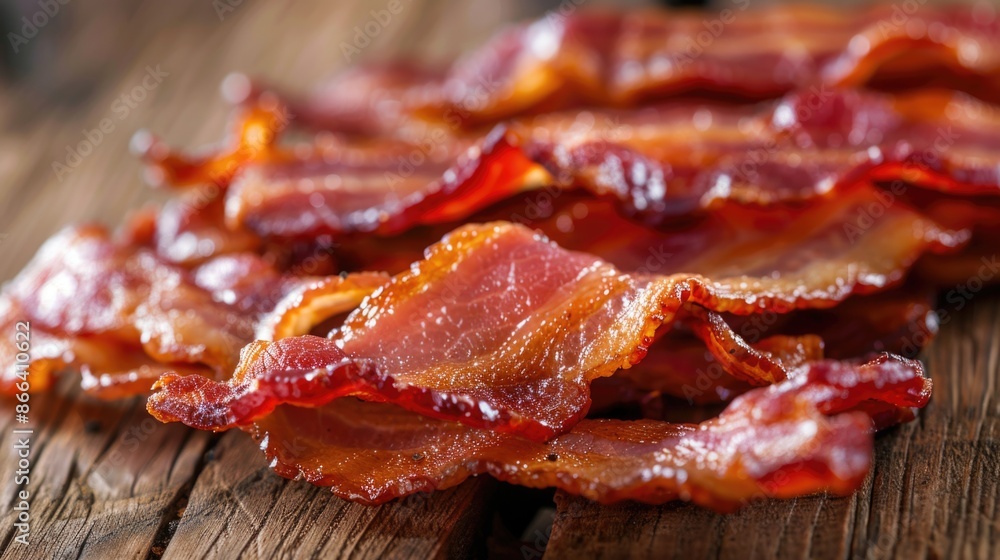 Slices of tasty fried bacon on wooden table, Hot fried bacon pieces, closeup Slices of tasty fried bacon on wooden table, Hot fried bacon pieces, closeup