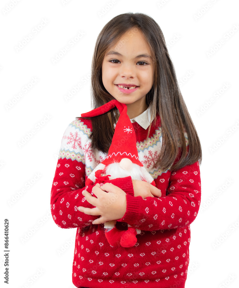 Portrait of a beautiful little girl holding a santa toy over transparent background. Portrait of a beautiful little girl holding a santa toy over transparent background.