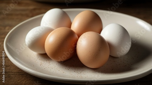 a plate with brown and white chicken eggs