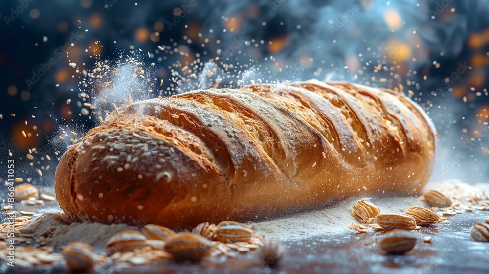 A close-up image capturing a freshly baked loaf of bread topped with grains. The bread is set against a dark backdrop with flour dusting and crumbs scattered around A close-up image capturing a freshly baked loaf of bread topped with grains. The bread is set against a dark backdrop with flour dusting and crumbs scattered around