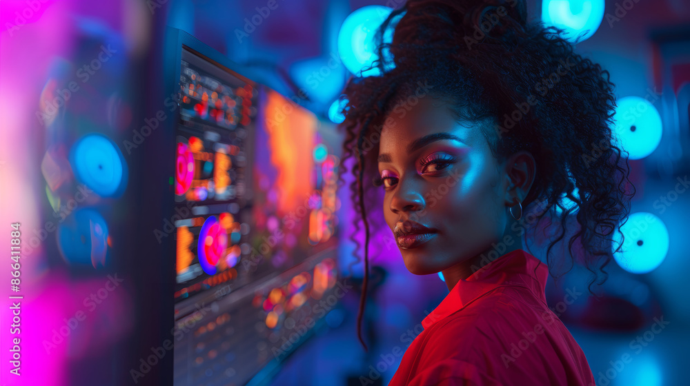 Young Woman in a Vibrant Film Studio Creating Digital Art with Bright Neon Lights Young Woman in a Vibrant Film Studio Creating Digital Art with Bright Neon Lights