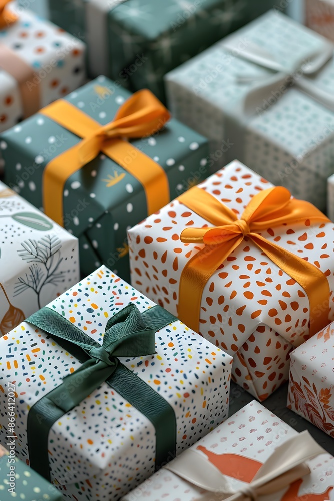 Beautifully wrapped gifts with colorful ribbons arranged in a festive pattern, perfect for holiday celebrations or special occasions. Beautifully wrapped gifts with colorful ribbons arranged in a festive pattern, perfect for holiday celebrations or special occasions.