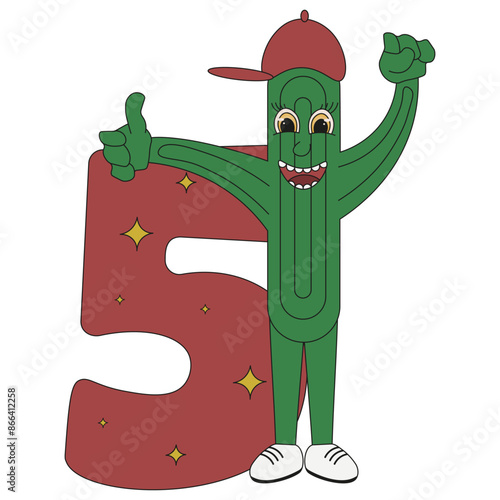 Groovy template of fifth Birthday party invitation with Mexican cactus. 5 and flat cacti isolated white. Pastel colors vector illustration. Editable stroke.