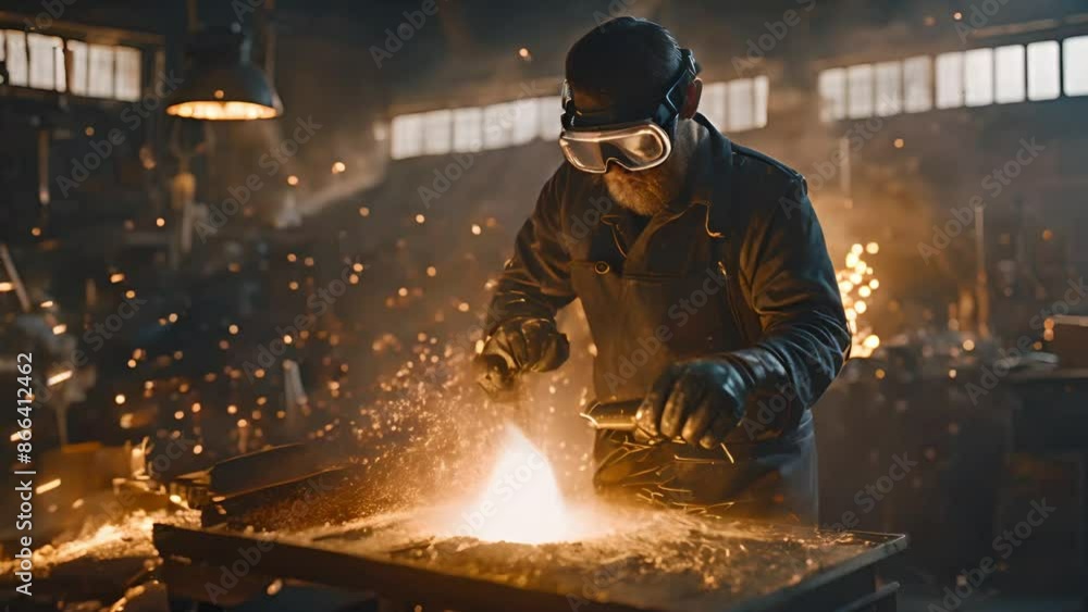 Industrial worker cutting metal with many sharp sparks. Male using special tool for cutting metal at workshop. Sparks flying from metal processing. Slow motion. 4K video Industrial worker cutting metal with many sharp sparks. Male using special tool for cutting metal at workshop. Sparks flying from metal processing. Slow motion. 4K video