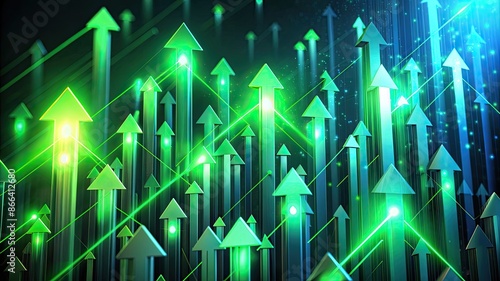 Wallpaper Mural 3D style backdrop, market trend, investment growth, green dynamic glowing arrows up on black background Torontodigital.ca