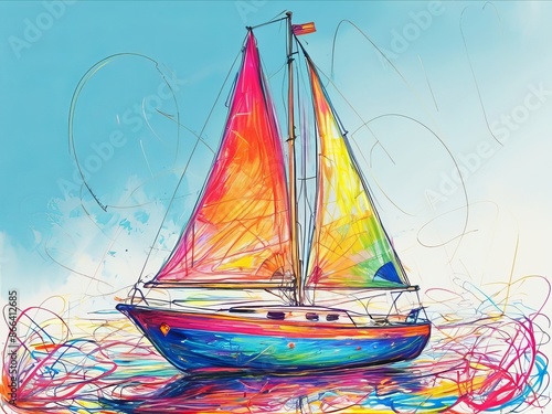 Yacht in chaotic wax crayon drawing style