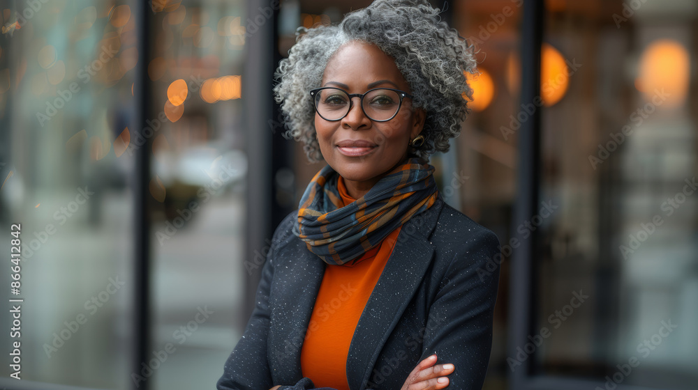 Portrait of Confident Senior Businesswoman with Gray Hair and Glasses in Urban Setting Portrait of Confident Senior Businesswoman with Gray Hair and Glasses in Urban Setting