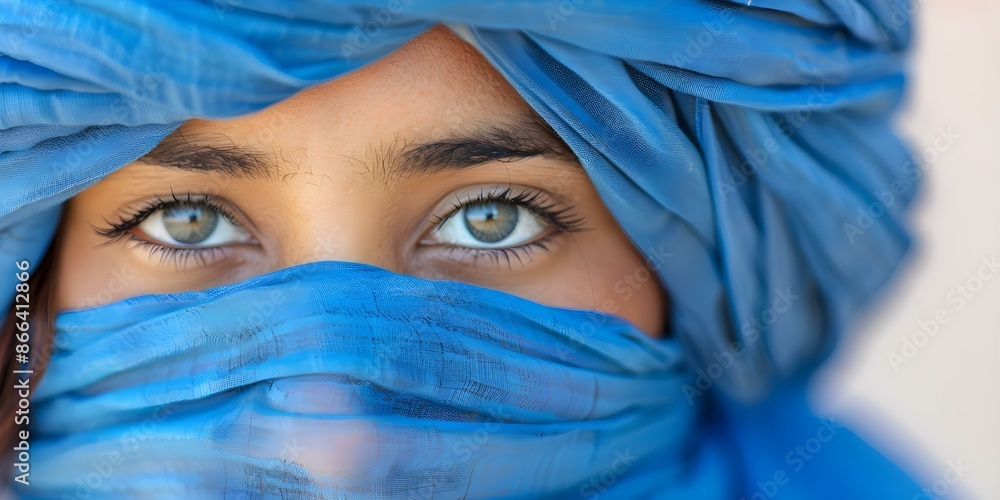 Fototapeta premium Enhancing the Background with Selective Focus on Tuareg Woman in Traditional Blue Dress. Concept Portrait Photography, Selective Focus, Traditional Attire, Tuareg Woman, Enhancing Background