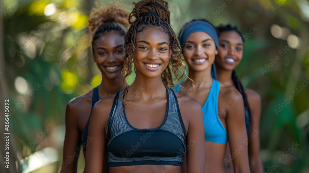 Portrait of Three Young Women in Sportswear Outdoors, Smiling and Confident Portrait of Three Young Women in Sportswear Outdoors, Smiling and Confident