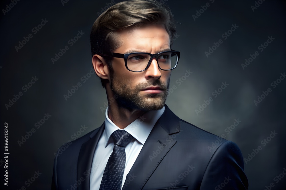 Confident man in a suit and glasses looking thoughtfully into the distance, isolated on a dark background Confident man in a suit and glasses looking thoughtfully into the distance, isolated on a dark background