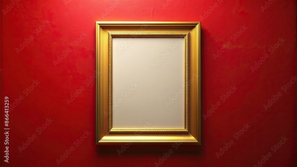 This is a 3D luxury golden movie poster frame that hangs on a red wall background with a blank space for putting your mockup. This is a 3D luxury golden movie poster frame that hangs on a red wall background with a blank space for putting your mockup.