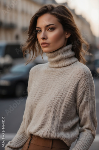 Stylish Woman in Beige Turtleneck Sweater on City Street Showcasing Contemporary Urban Fashion and Sophisticated Elegance © KraPhoto
