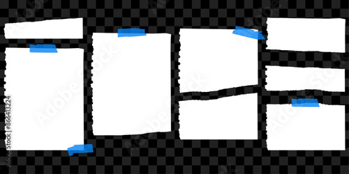 A set of torn paper pieces. Empty sheets of paper for websites, social media, collages, etc. Glued with tapes of duct tape.