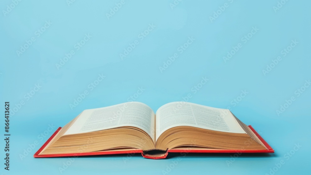 Open book with red cover on light blue background Open book with red cover on light blue background