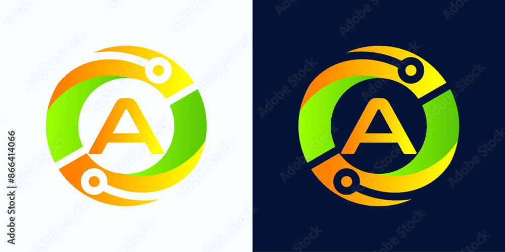 Letter A technology logo with circles and circuit board lines with letter A inside for digital, data, connection in green and orange gradient colors Letter A technology logo with circles and circuit board lines with letter A inside for digital, data, connection in green and orange gradient colors