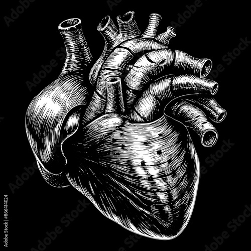 Detailed Monochrome Anatomical Heart Illustration on Black Background.