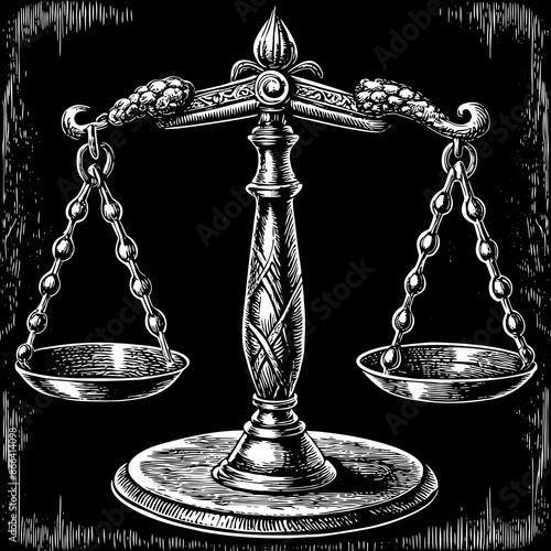 Intricate Hand Drawn Vintage Justice Scale on Black Background for Legal and Equilibrium Concepts.