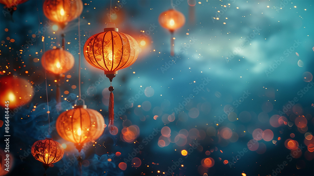 Elegant festival background featuring delicate paper lanterns and twinkling lights against a deep blue sky, creating a serene and magical ambiance Elegant festival background featuring delicate paper lanterns and twinkling lights against a deep blue sky, creating a serene and magical ambiance