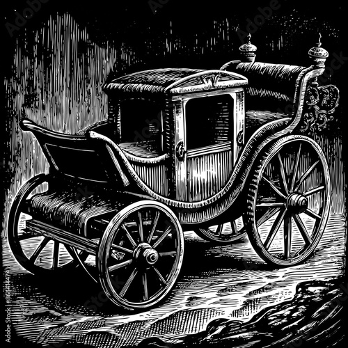 Vintage Horse Drawn Carriage in Black and White Engraving Style Art.