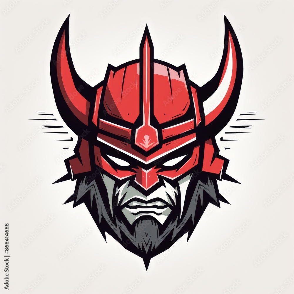 Fierce Samurai Warrior Head with Red Helmet and Horns Illustration, Ideal for Gaming or Sports Fierce Samurai Warrior Head with Red Helmet and Horns Illustration, Ideal for Gaming or Sports