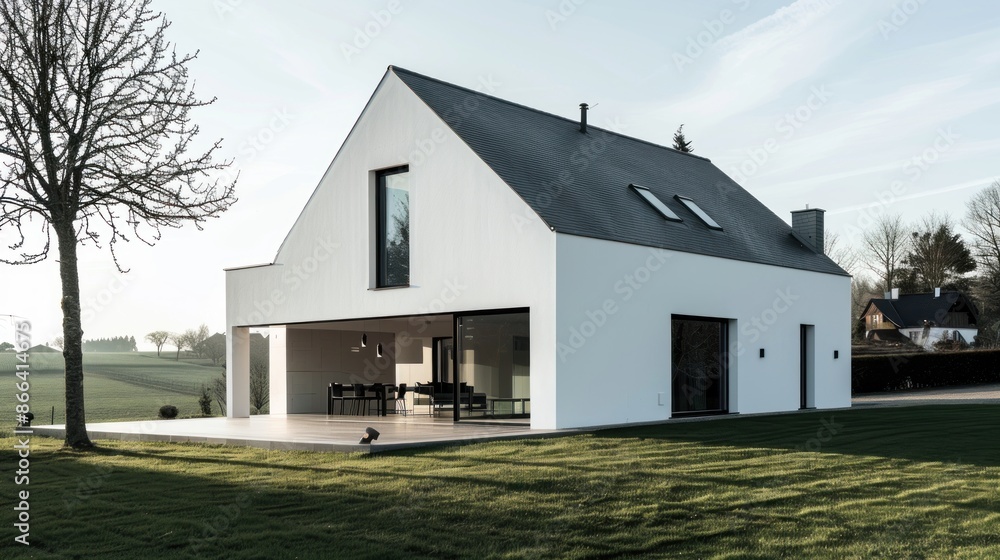 wide-angle long shot. new modern house. gabled roof. few windows. minimalistic style. modern. Parking space , garage, carport. wide-angle long shot. new modern house. gabled roof. few windows. minimalistic style. modern. Parking space , garage, carport.