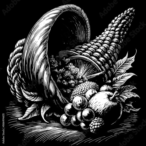 Vintage Cornucopia Illustration with Fruits and Vegetables in Black and White.