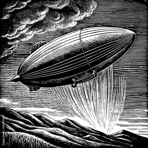 Vintage Black and White Illustration of a Zeppelin Airship Over Mountains.