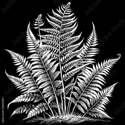 Detailed Black and White Illustration of Fern Plants on a Black Background.