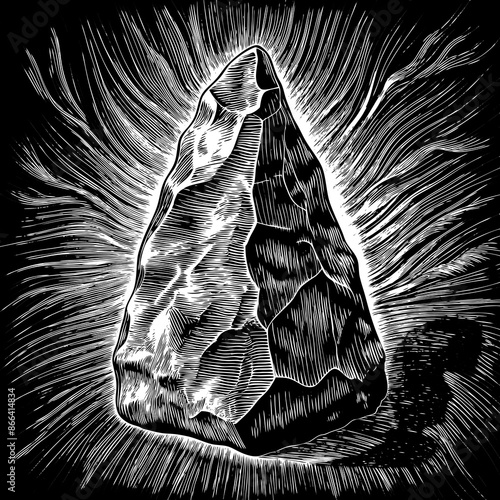 Monochrome Woodcut Illustration of Radiant Stone with Intricate Details.